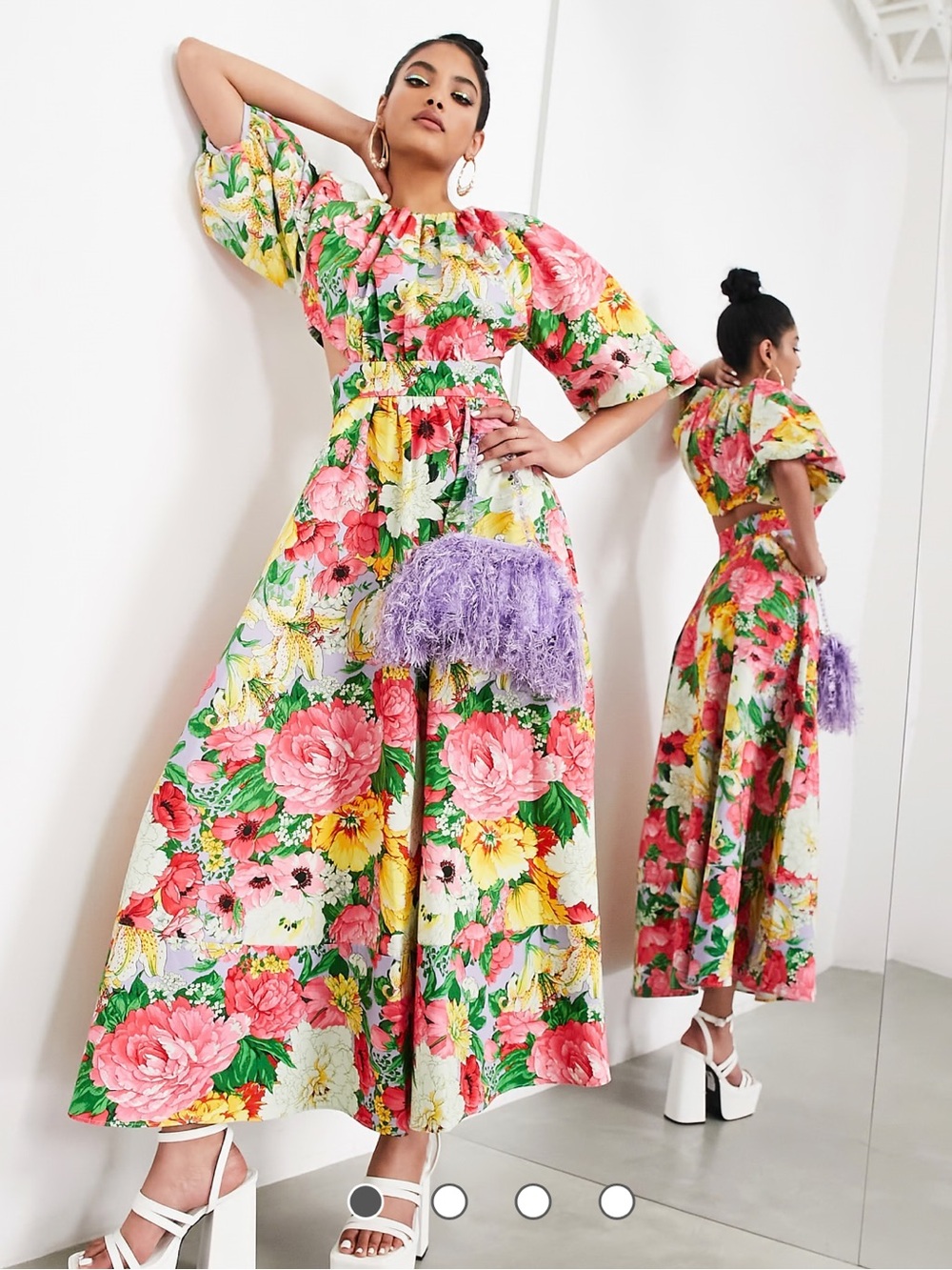 ASOS Edition puff sleeve midi dress with cut outback in pink floral 6 NWT